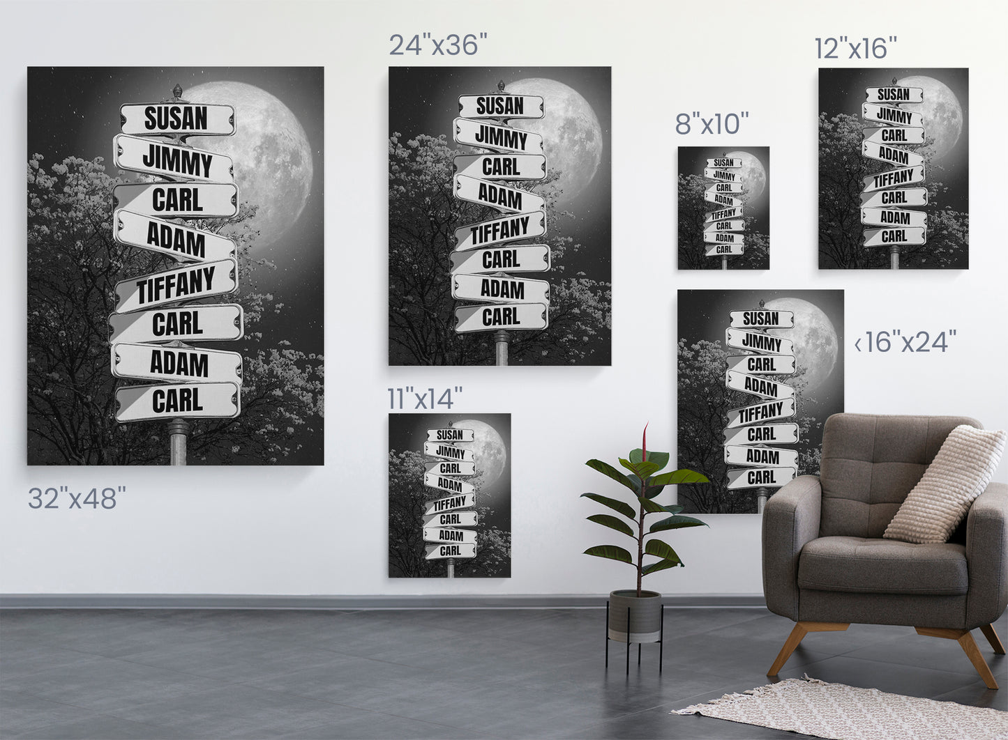 Full Moon at Night Family Member Names Vintage Street Sign Personalized Premium Canvas