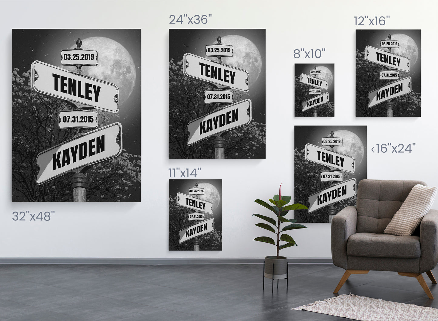 Full Moon at Night Date of Birth Vintage Street Sign Personalized Premium Canvas