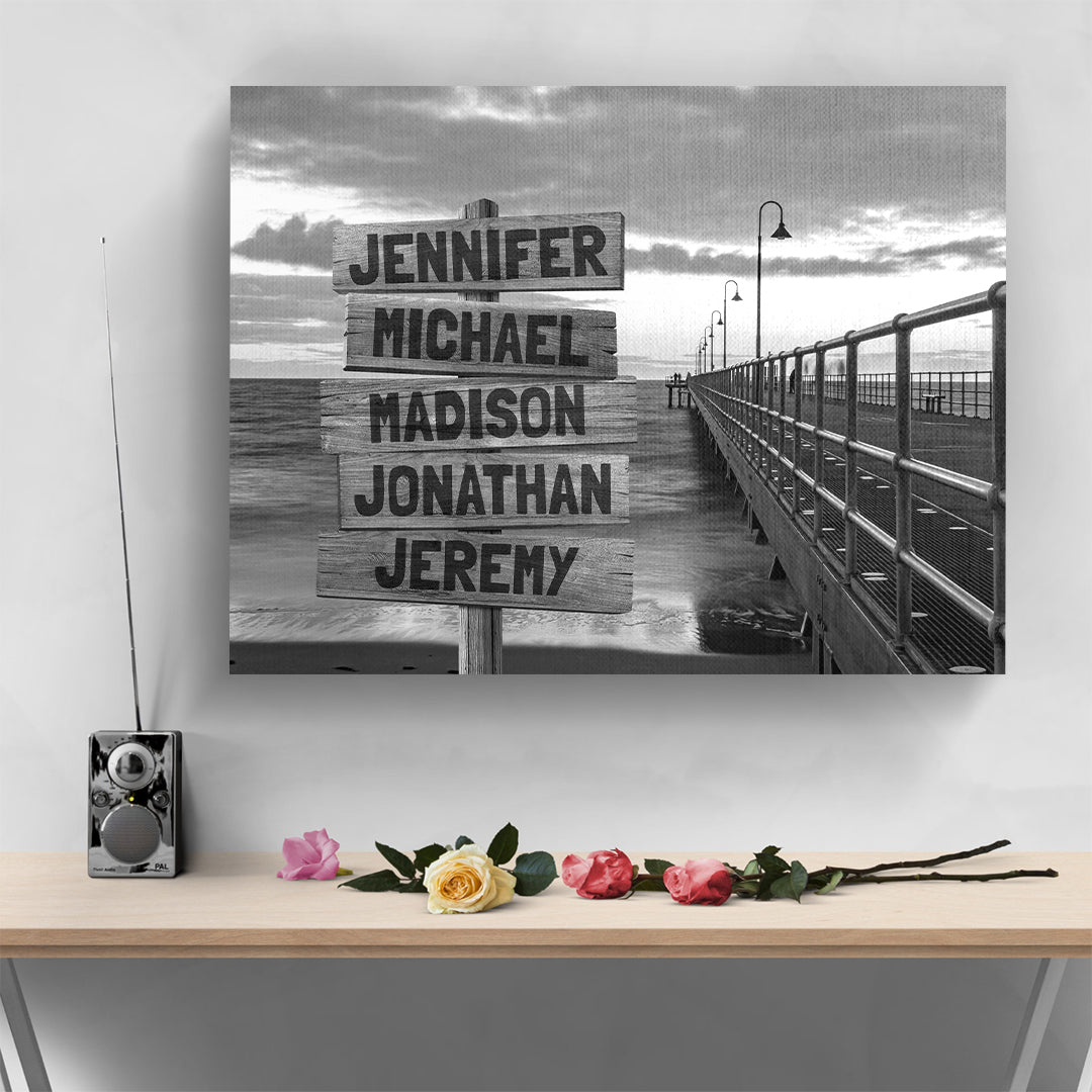 Black and White Ocean Pier Multi-Names Personalized Premium Canvas