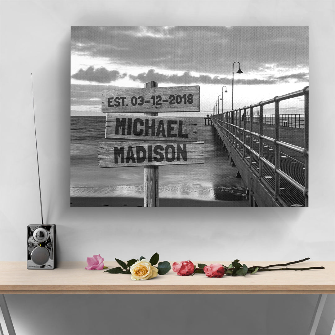Black and White Ocean Pier Multi-Names Personalized Premium Canvas
