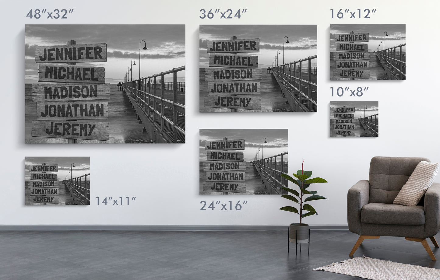 Black and White Ocean Pier Multi-Names Personalized Premium Canvas