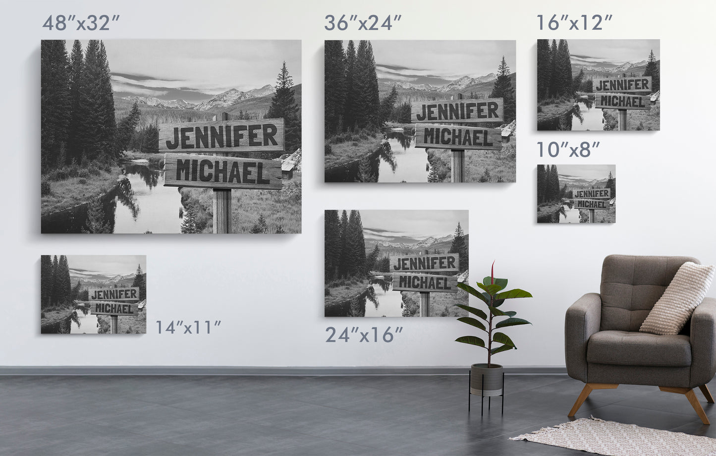 Black and White Mountain Range Multi-Names Personalized Premium Canvas