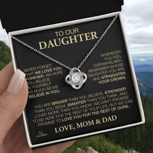 Beautiful Gift for Daughter From Mom and Dad "Never Forget That We Love You" Love Knot Necklace