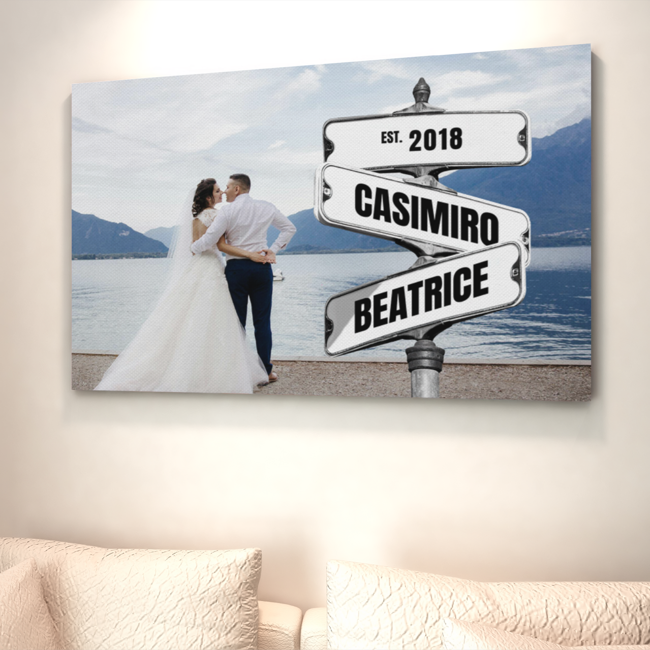 Wedding Couple Photo with Vintage Street Sign Personalized Premium Canvas