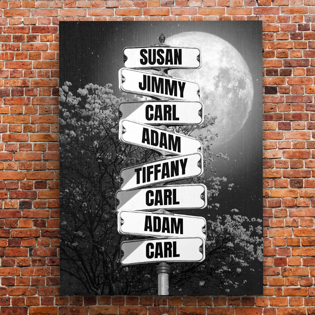 Full Moon at Night Family Member Names Vintage Street Sign Personalized Premium Canvas