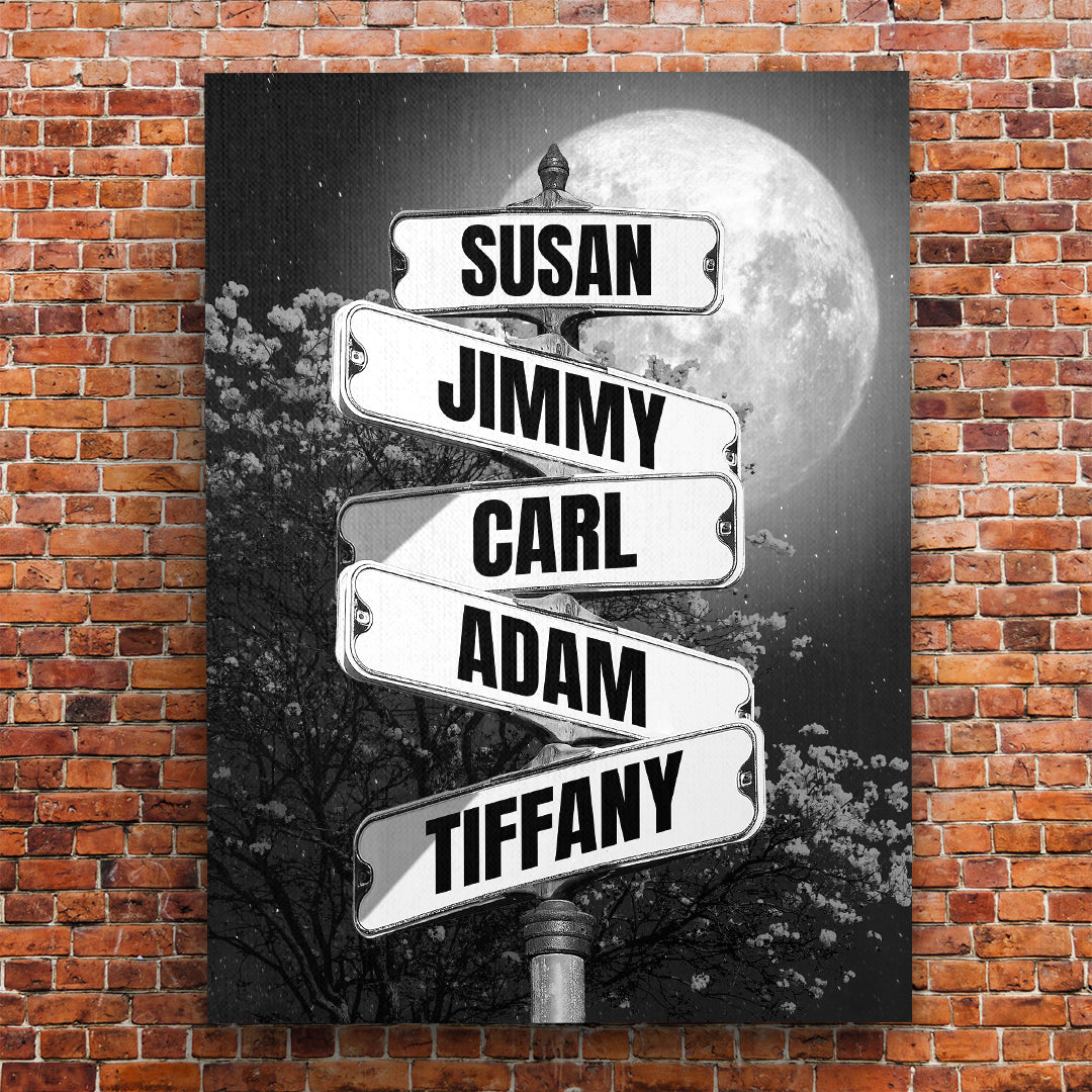 Full Moon at Night Family Member Names Vintage Street Sign Personalized Premium Canvas