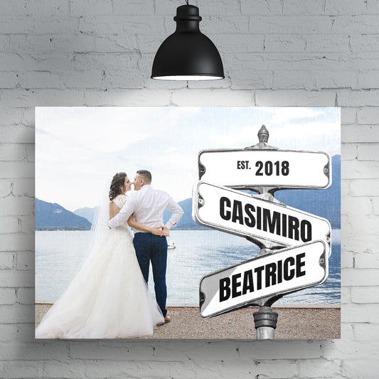 Wedding Couple Photo with Vintage Street Sign Personalized Premium Canvas