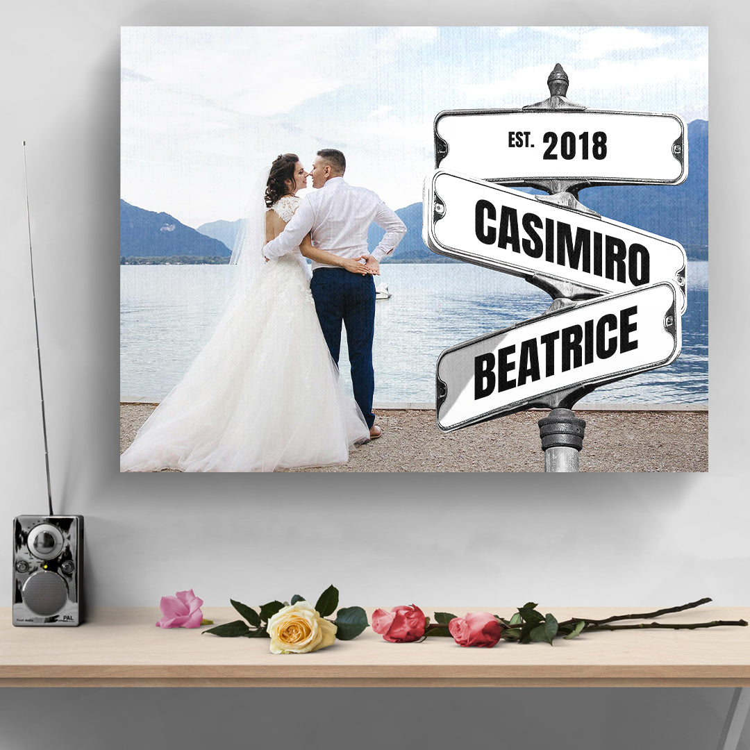 Wedding Couple Photo with Vintage Street Sign Personalized Premium Canvas