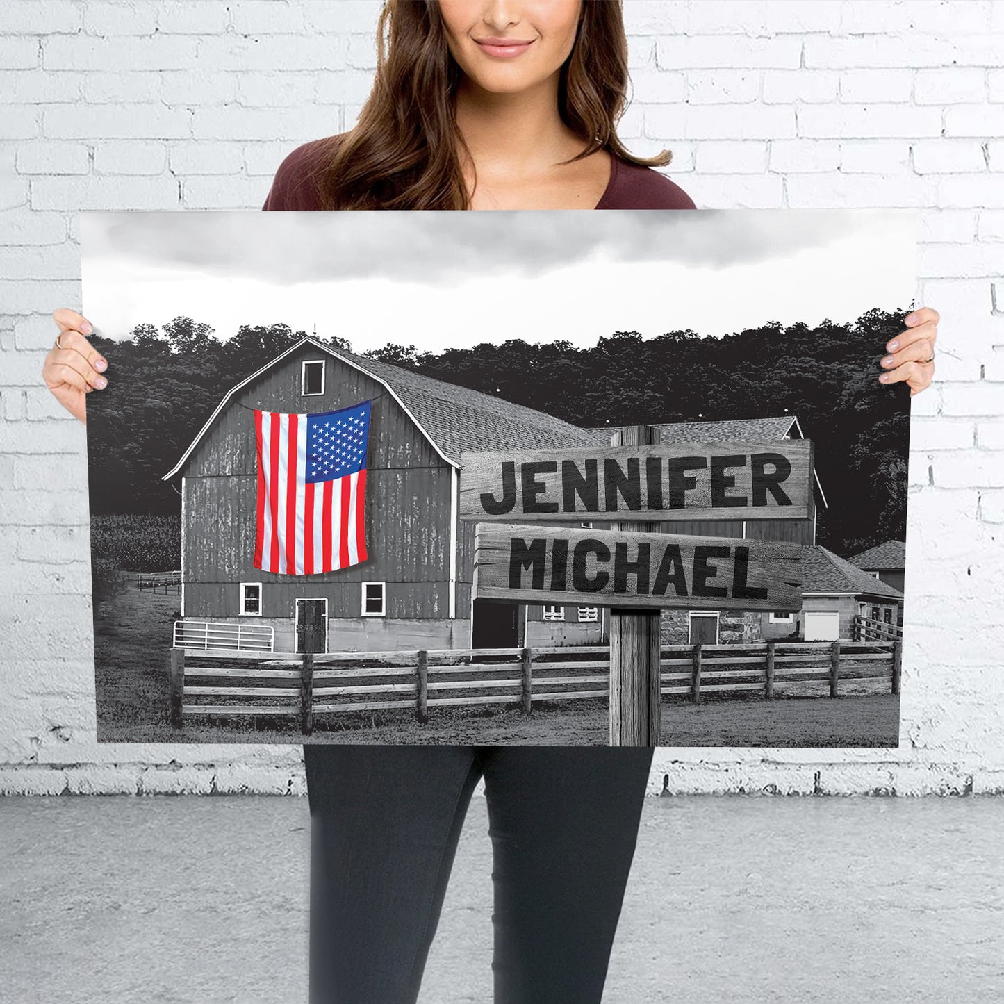 American Barn Black & White Personalized Premium Canvas