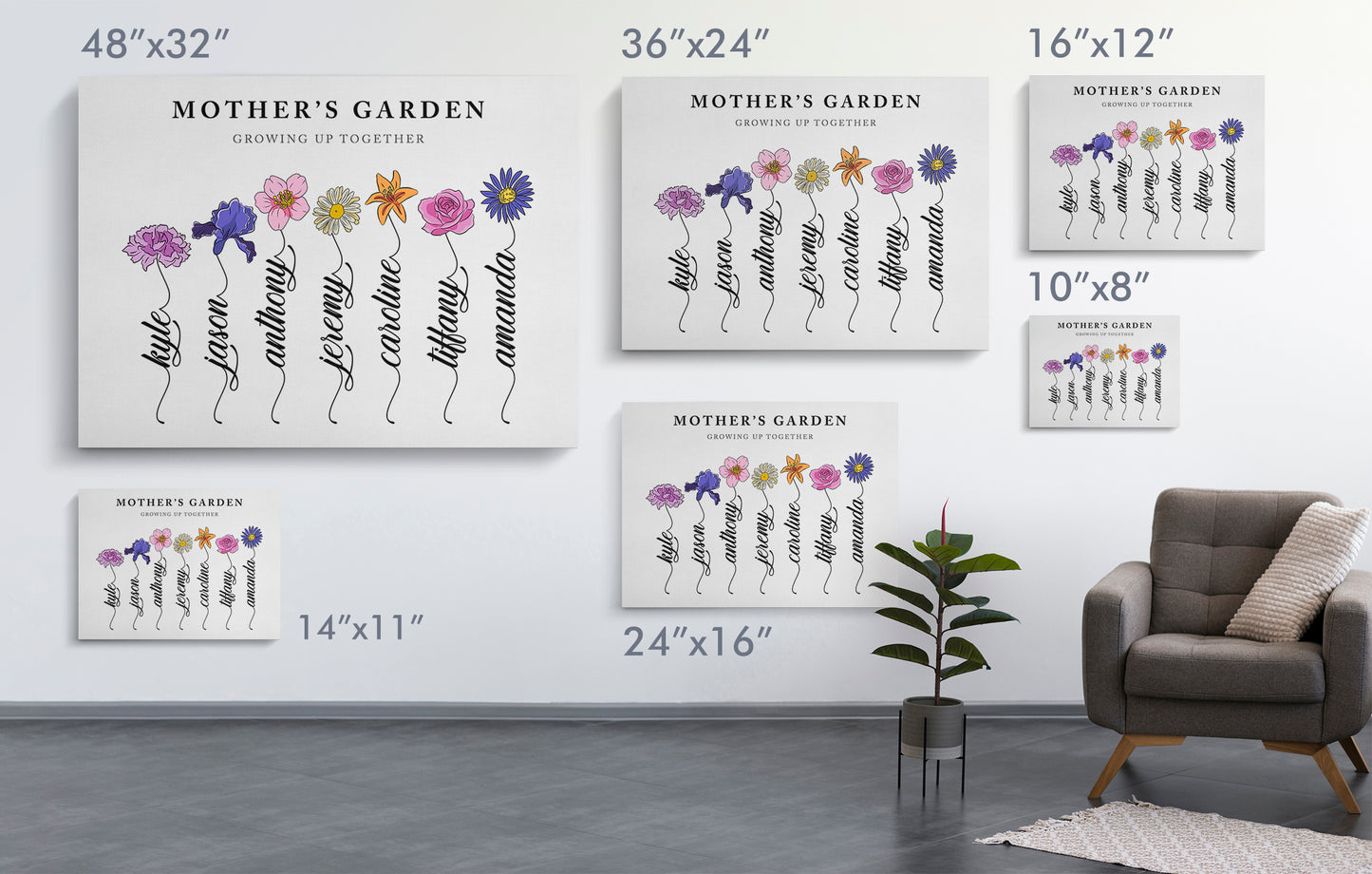 Custom Family Art Print | Personalized Watercolor Birth Month Flower Premium Canvas